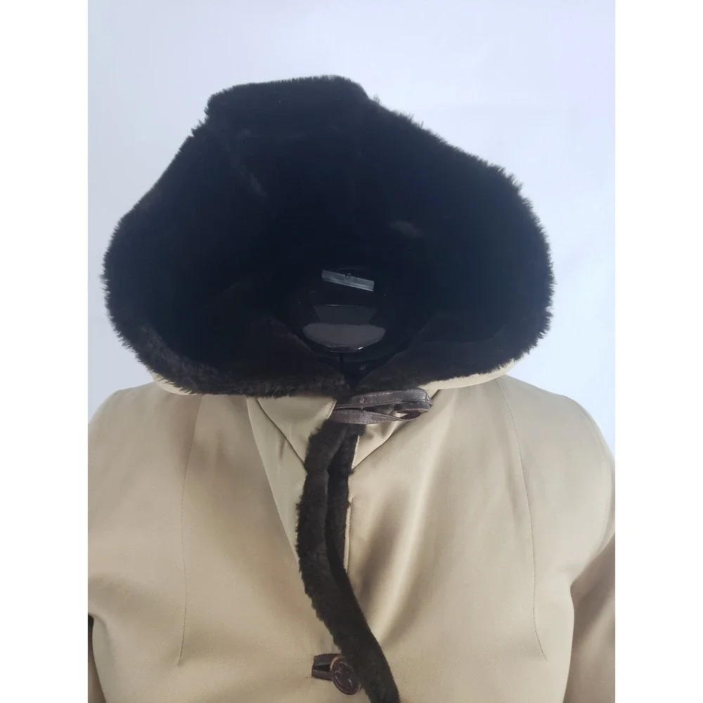 Halston for Misty Harbor Tan faux fur Hoodie‎ trench coat winter jacket size 10